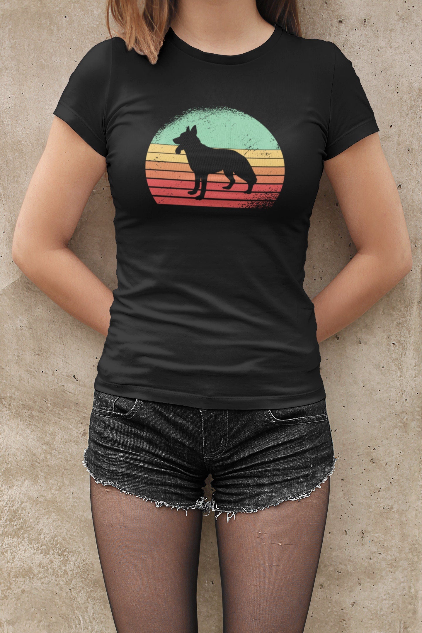 Damen T-Shirt - Schäferhund Retro Sonne Sunset - schwarz kurzarm rundhals baumwolle Hunde German Shepperd