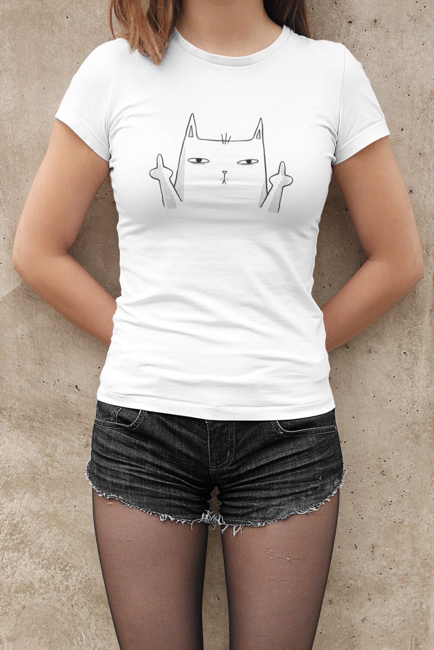 Damen T-Shirt - Katze Stinkefinger- Rockabilly Rockn Roll Frau weiß kurzarm rundhals baumwolle