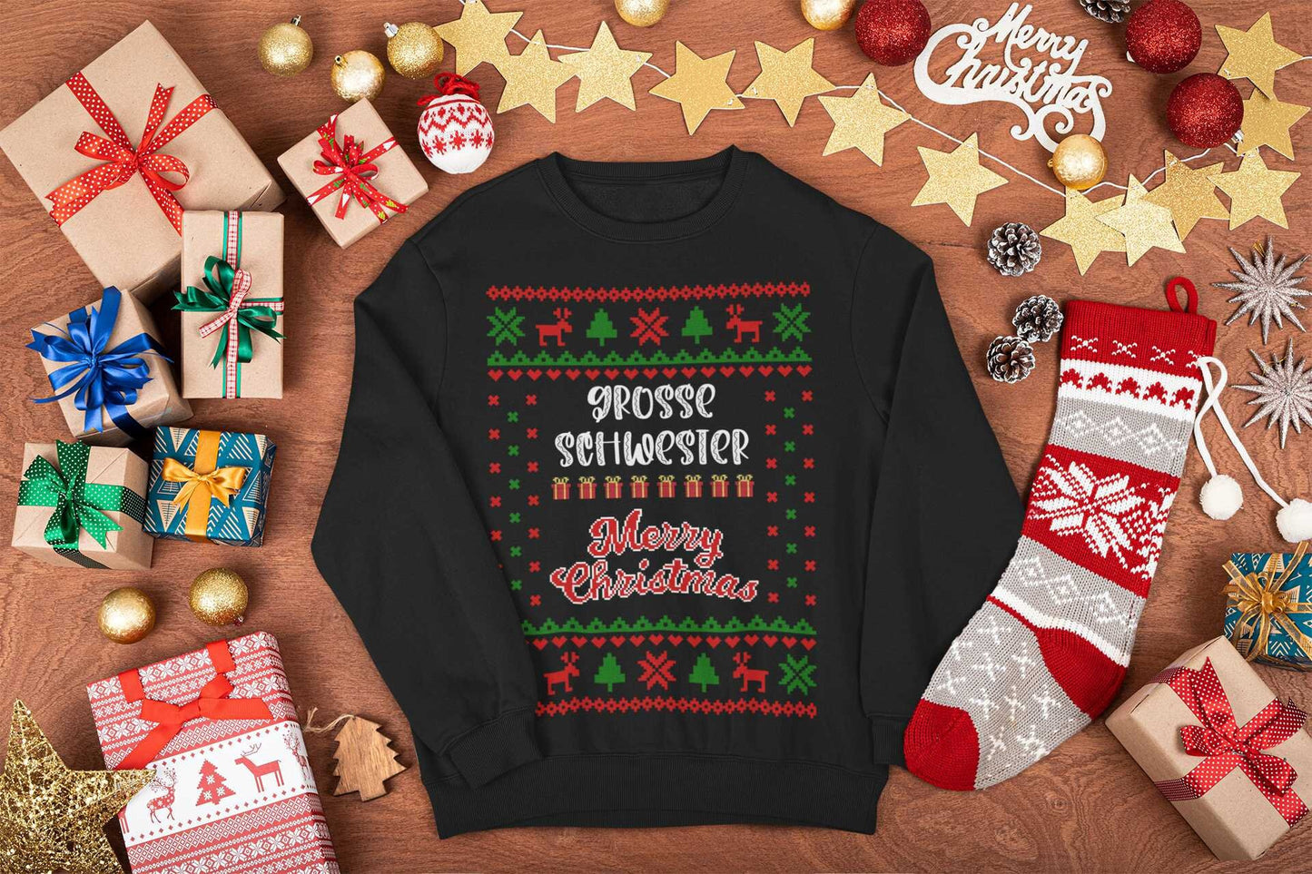 Personalisierbarer Ugly Christmas Sweater Pullover Unisex Kinder Babybody Merry Christmas Weihnachten Family Christmas mit Name