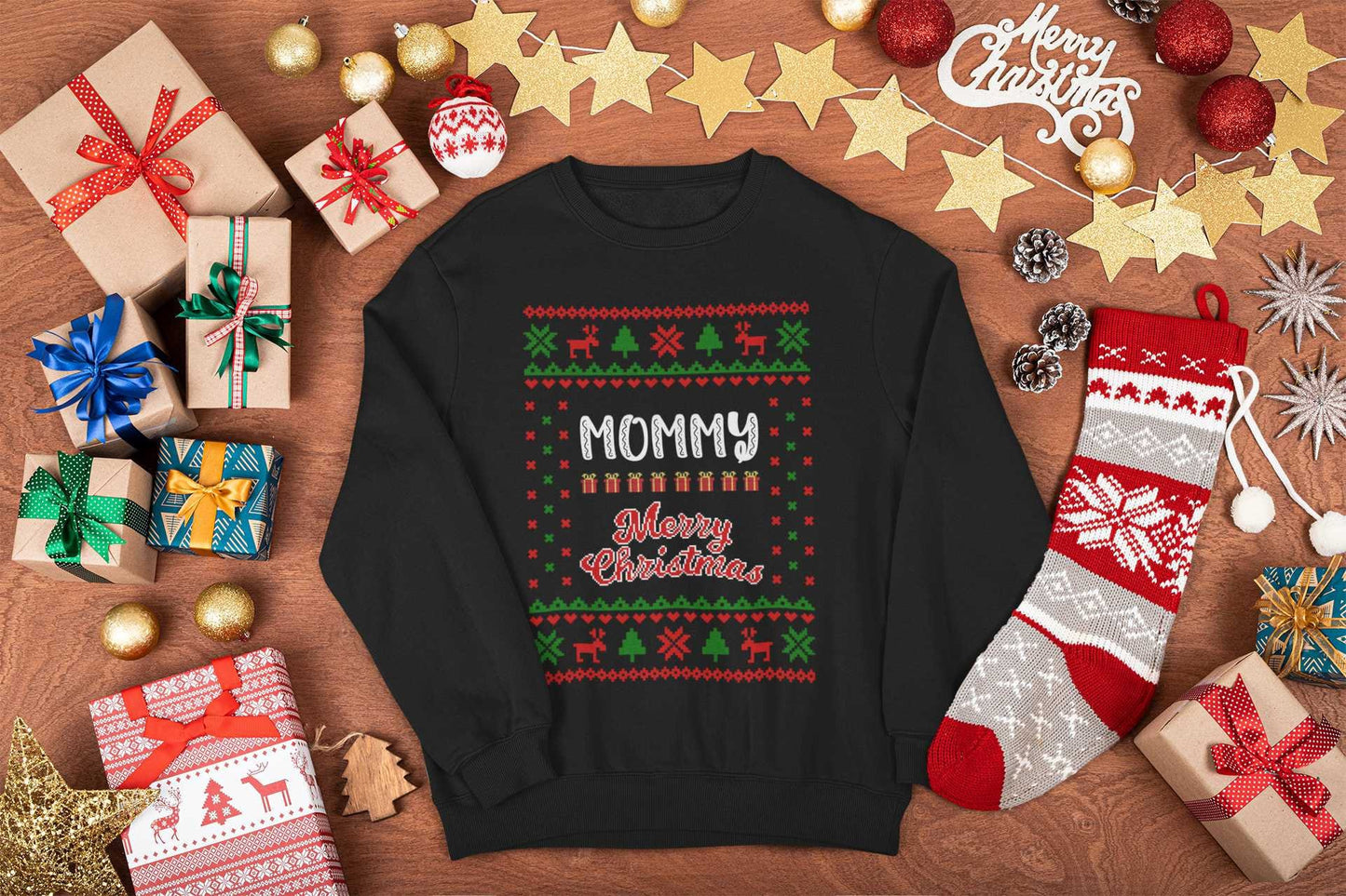 Personalisierbarer Ugly Christmas Sweater Pullover Unisex Kinder Babybody Merry Christmas Weihnachten Family Christmas mit Name