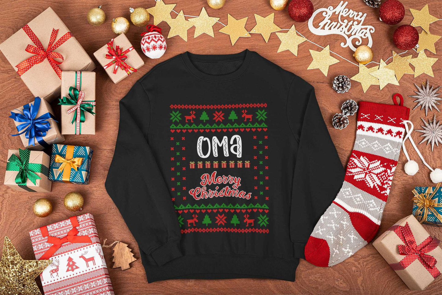 Personalisierbarer Ugly Christmas Sweater Pullover Unisex Kinder Babybody Merry Christmas Weihnachten Family Christmas mit Name