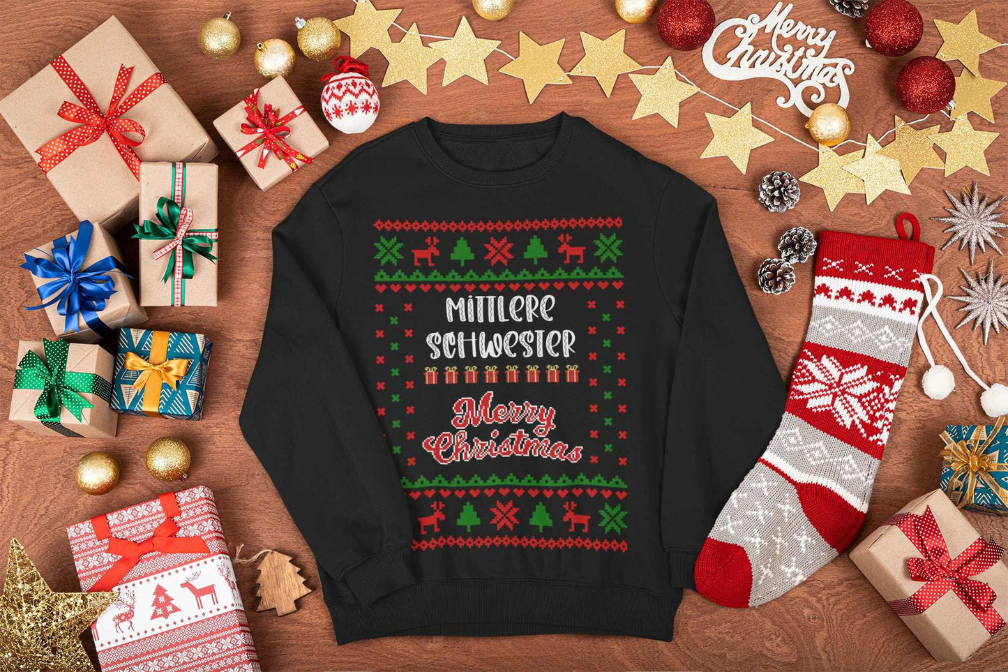 Personalisierbarer Ugly Christmas Sweater Pullover Unisex Kinder Babybody Merry Christmas Weihnachten Family Christmas mit Name