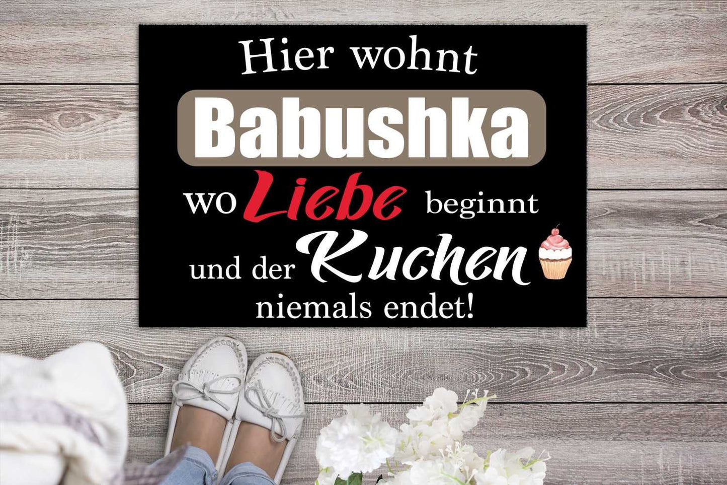 Fußmatte "Hier wohnt Babushka wo der Kuchen niemals endet " Staubfangmatte Russisch Russland Oma Großmutter Geschenk russisch