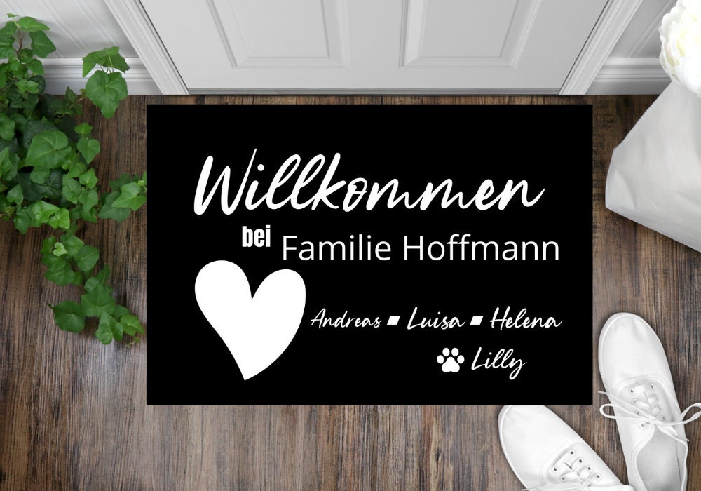 Fußmatte personalisierbar Familie mit Hund - Willkommen personalisiert Geschenk Familie Hundebesitzer