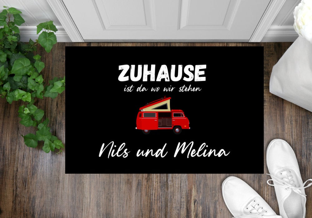 Fußmatte Camping Wohnmobil Van rot Klassik 9 zuhause ist wo wir stehen personalisierbar mit Wunschname