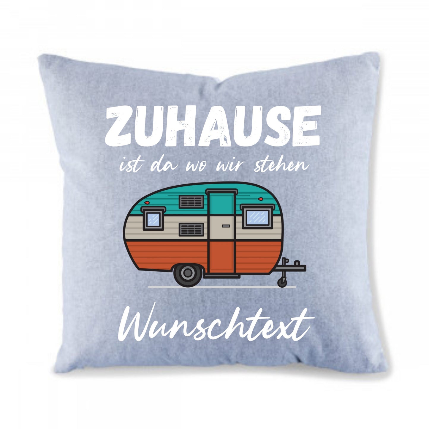 Kissen Camping personalisierbar Wohnwagen Klassik - Zuhause ist wo wir stehen - Camper Geschenk Kissen Baumwolle grau strukturiert 40 x 40
