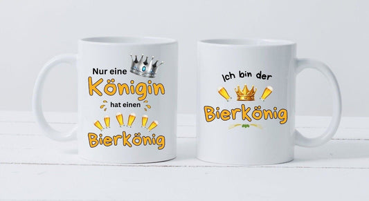 Bier Tassen Set Bierkönig Königin  Bierkönig Tasse 2x weiß Biertrinker spaß