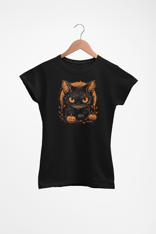 Halloween Damen T-Shirt Katze Kürbis Herbst schwarz  modisch  Fashion Art