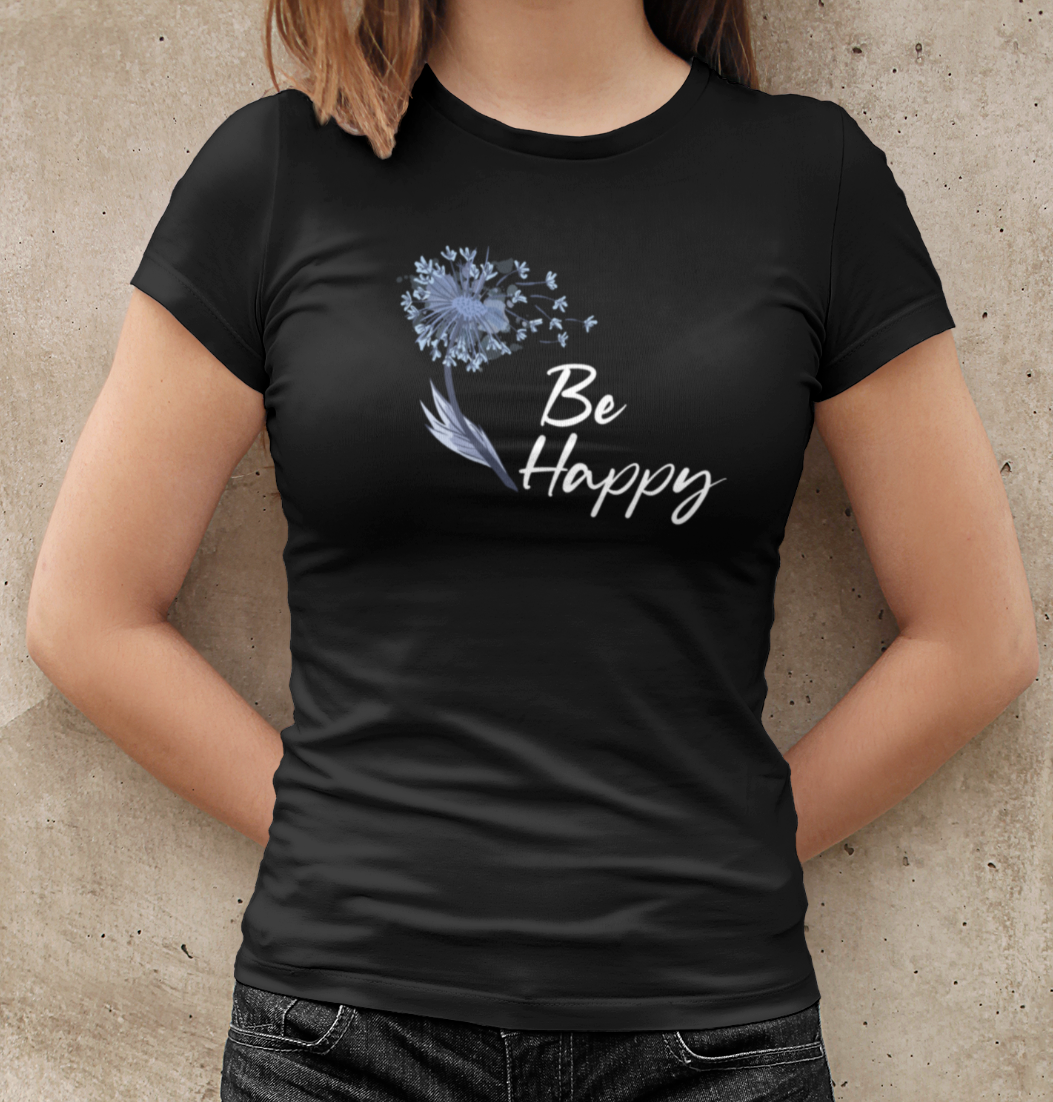 Damen T-Shirt - be Happy Pusteblume - schwarz - Positive Vibes - Blumen