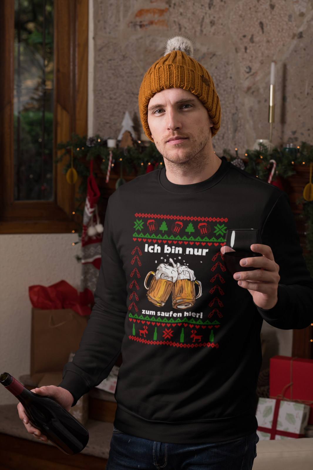 Ugly Christmas Sweater - nur zum saufen hier - Bier - Pullover - Spaß - schwarz