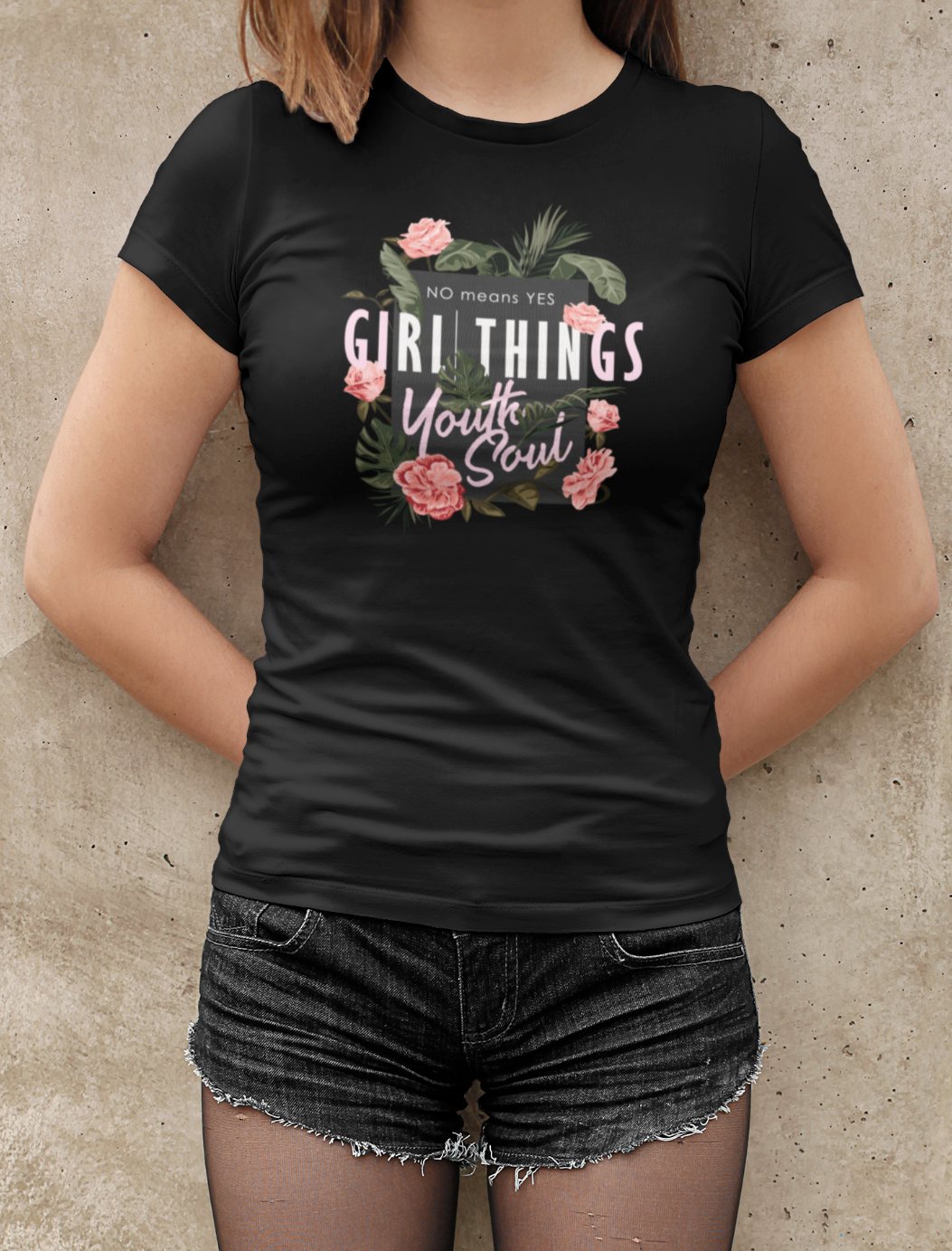 Damen T-Shirt schwarz Blumen Flowers Girl Things youth soul modisch Kunst Boho