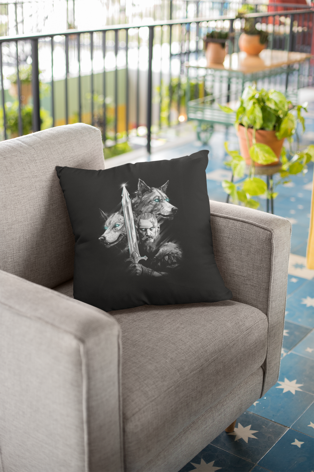 Wikinger Kissen - Viking Wolf - Odin - Valhalla - schwarz - Baumwolle - Sofa