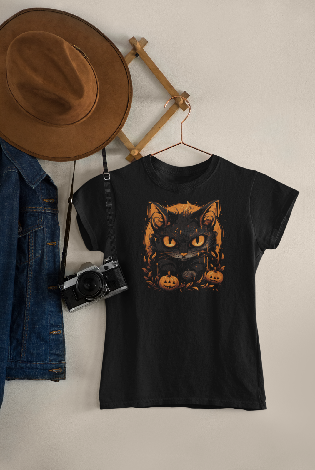 Halloween Damen T-Shirt Katze Kürbis Herbst schwarz  modisch  Fashion Art