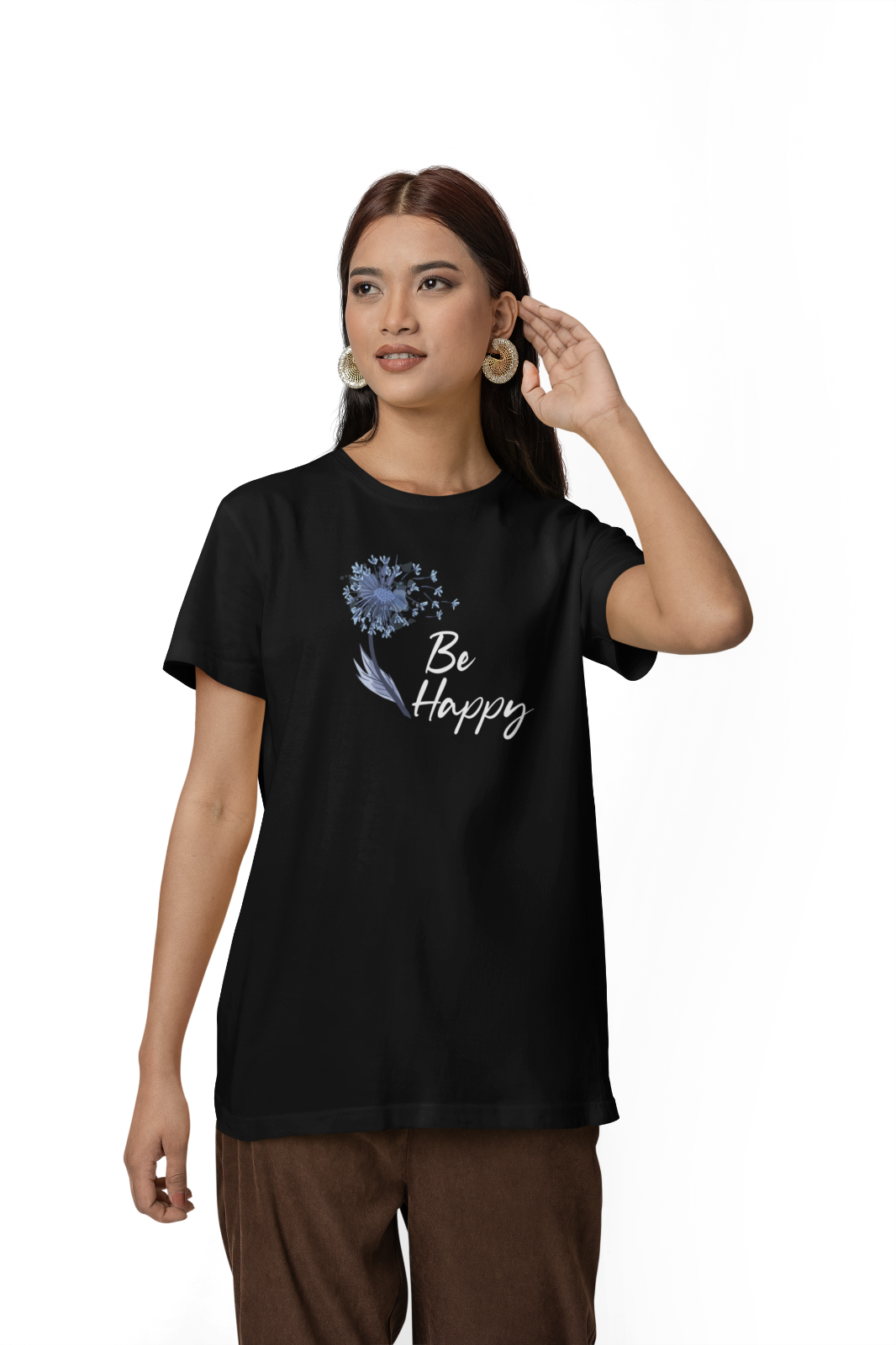 Damen T-Shirt - be Happy Pusteblume - schwarz - Positive Vibes - Blumen