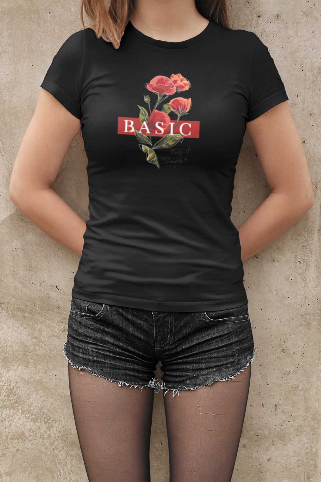 Damen T-Shirt schwarz Blumen Basic Rose modisch Kunst Boho mode Fashion Art