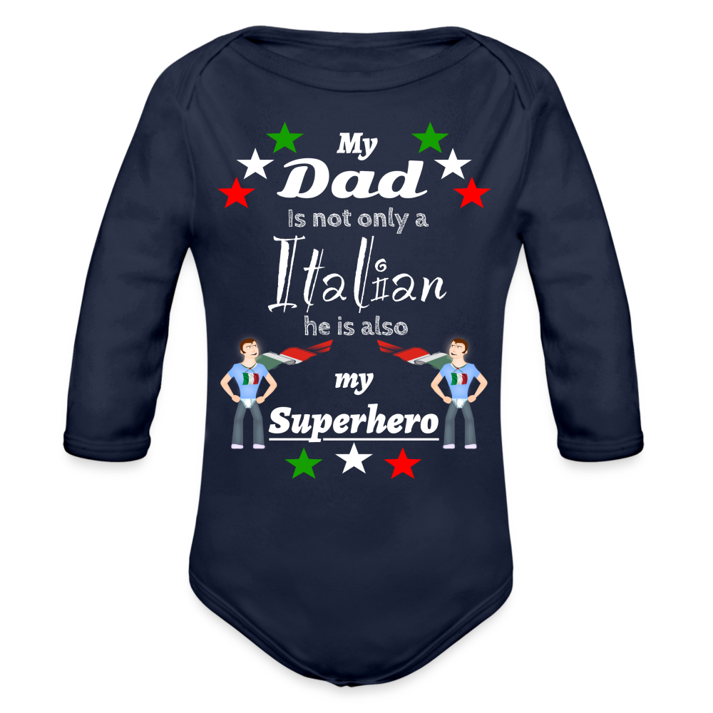 Baby Onesie Italian Dad Superhero Organic Longsleeve Baby Bodysuit - dark navy