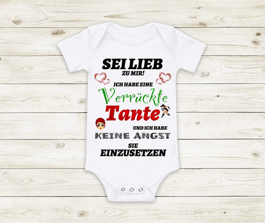 Baby Geschenk Babybody Verrückte Tante - Babybody Strampler weiß kurzarm Geschenk Babyparty