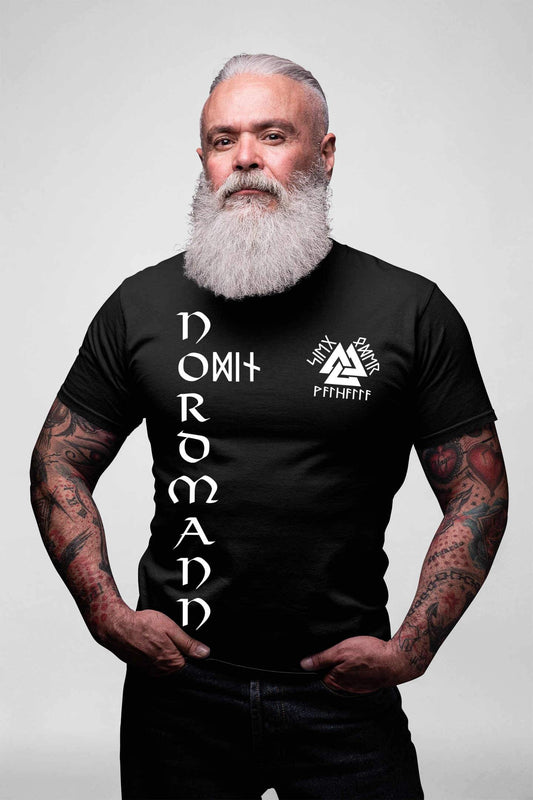 Premium Wikinger T-Shirt mit Nordmann Schriftzug und Valknut-Runen - Trage deine Leidenschaft für die Wikinger Kultur zur Schau