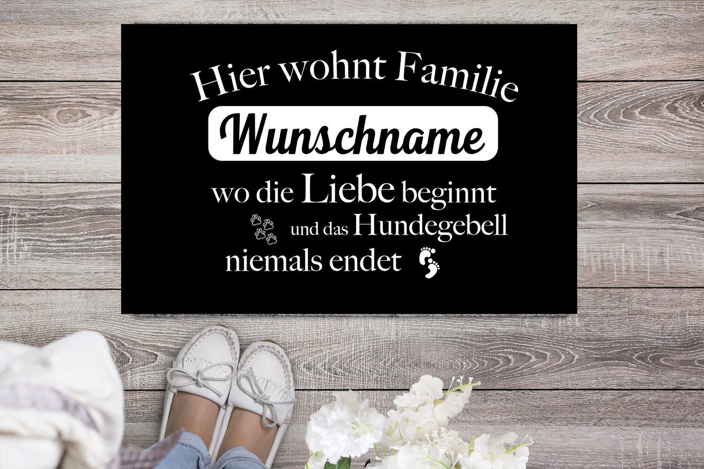 Fußmatte Hunde Geschenk Familie mit Name anpassbar Hundegebell mit Spruch