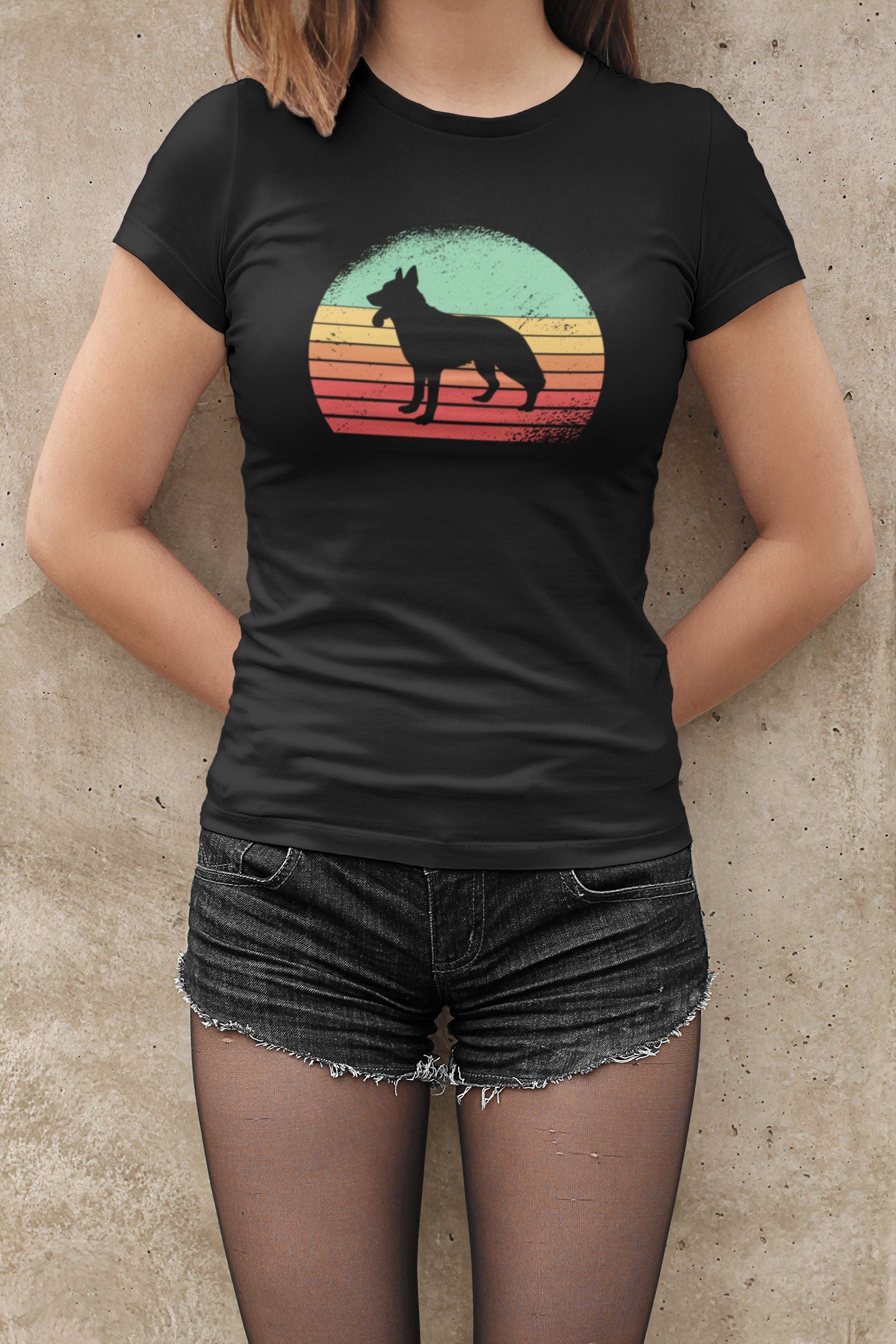 Damen  T-Shirt - Schäferhund Retro Sonne Sunset - schwarz kurzarm rundhals baumwolle Hunde German Shepperd