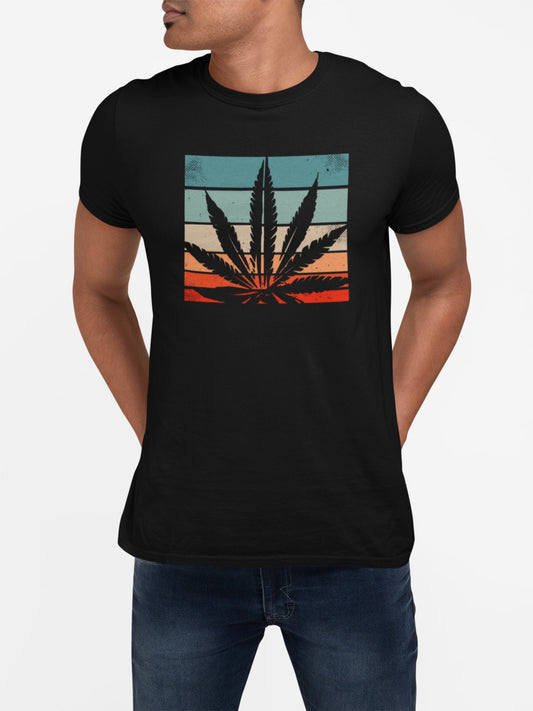 Cannabis Herren T-Shirt Retro Sunset Marihuana Pflanze