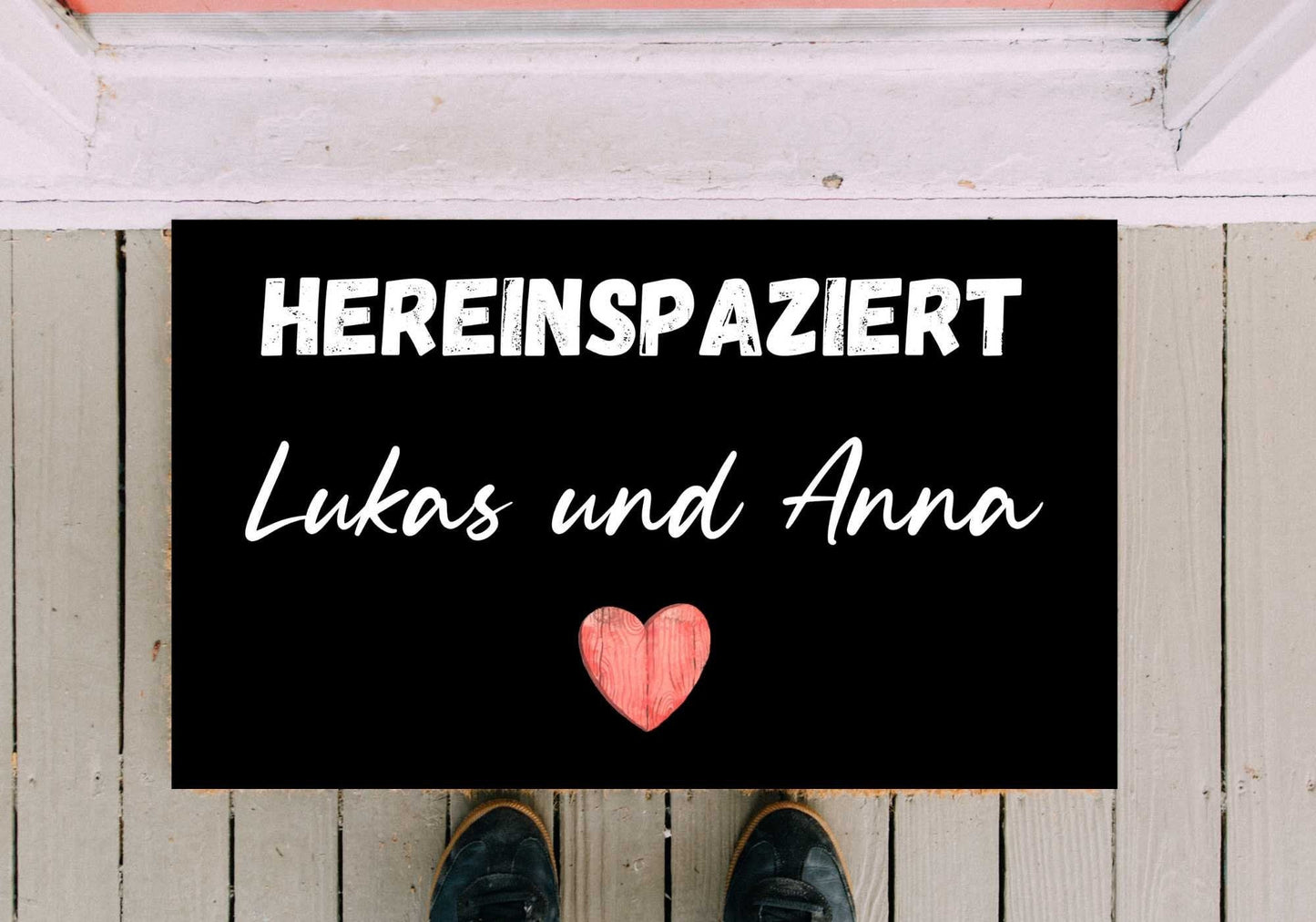 Fußmatte hereinspaziert personalisierbar mit Wunschname Holz Herz Text