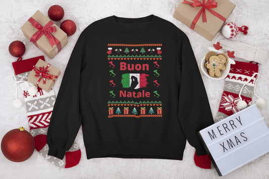 Buon Natale Italien Unisex Damen und Herren Ugly Christmas Sweater Pullover schwarz Flagge Capisci Geste Italienisch