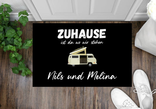 Fußmatte Camping Wohnmobil Van beige Klassik 10 zuhause ist wo wir stehen  personalisierbar mit Wunschname