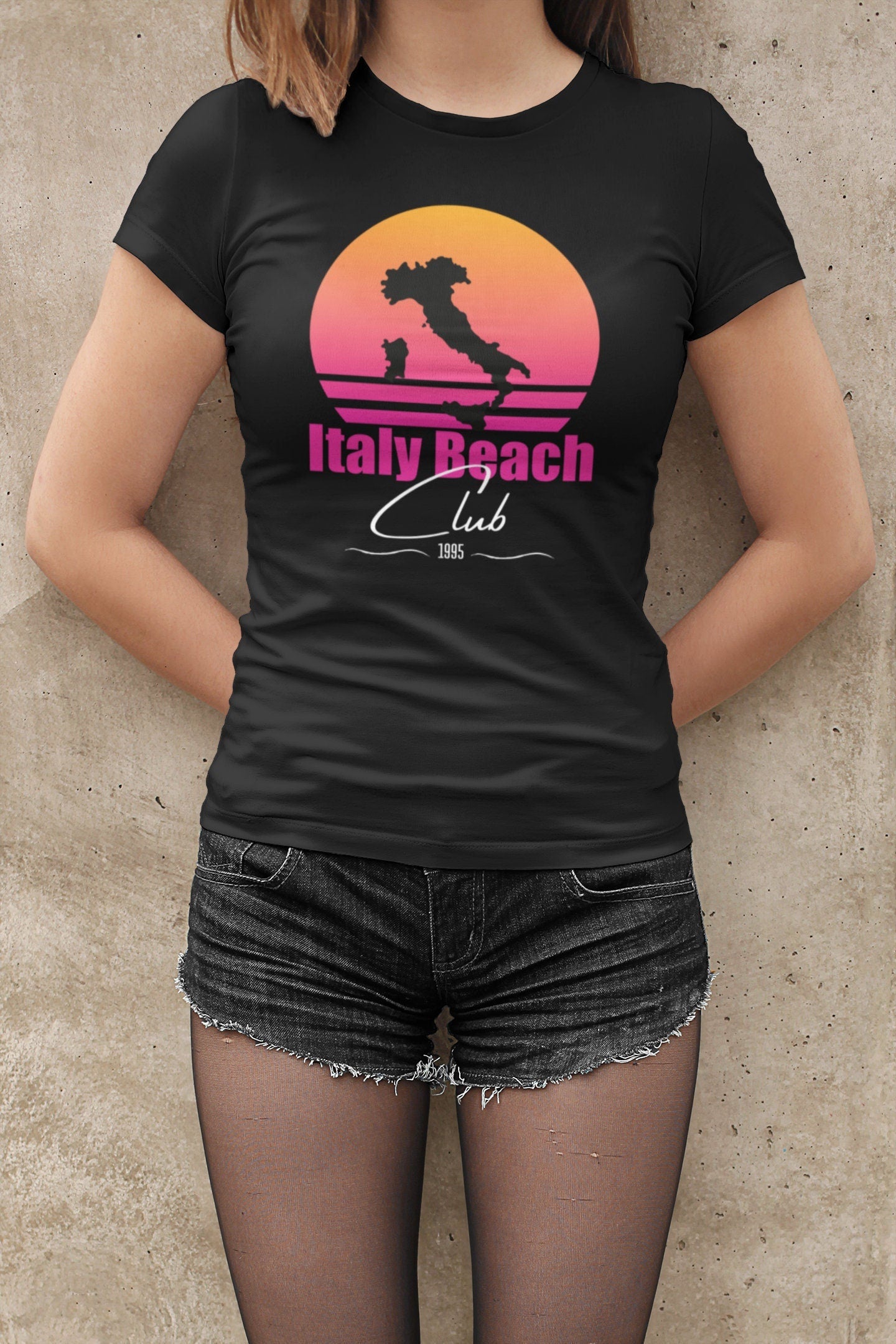 Italy Beach Club Damen Luxury T-Shirt schwarz Italienerin Italien Italienisch Retro SUn 80s 90s