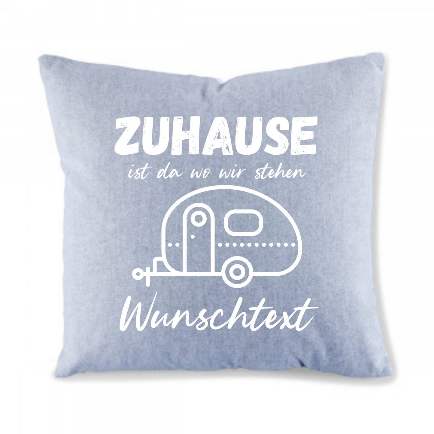 Kissen Camping personalisierbar Wohnwagen süß mini - Zuhause ist wo wir stehen - Camper Geschenk Baumwolle grau strukturiert 40 x 40