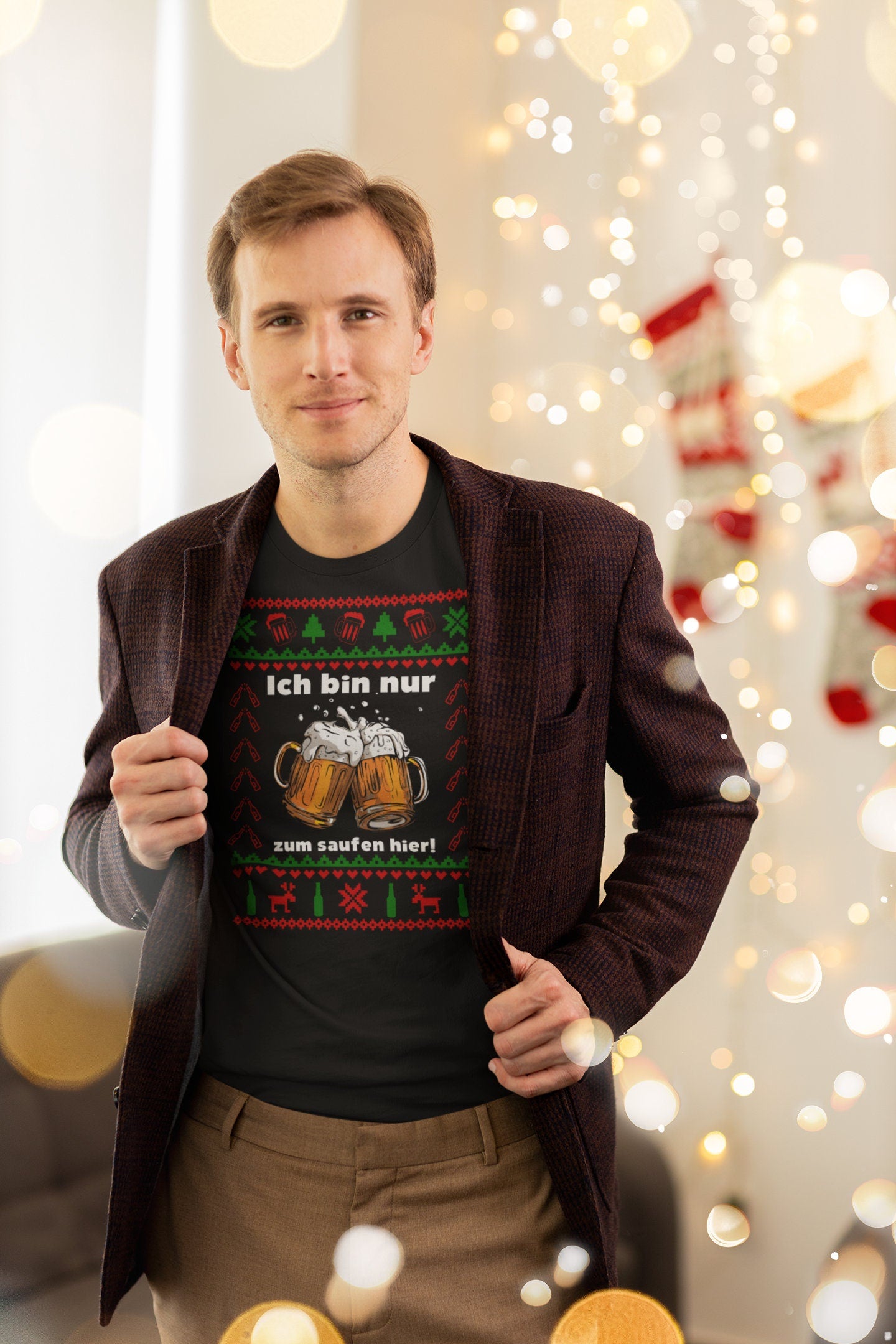 Ugly Christmas Shirt Bier - ich bin nur zum saufen hier T-Shirt