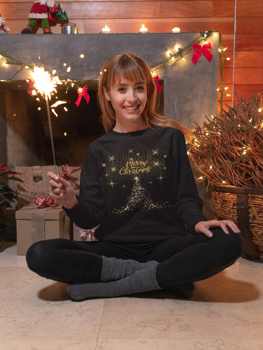 Weihnachtsbaum - Premium Sweatshirt Damen  Sterne Merry Christmas Gold  Weihnachts Pullover für Frauen, Weihnachtspullover