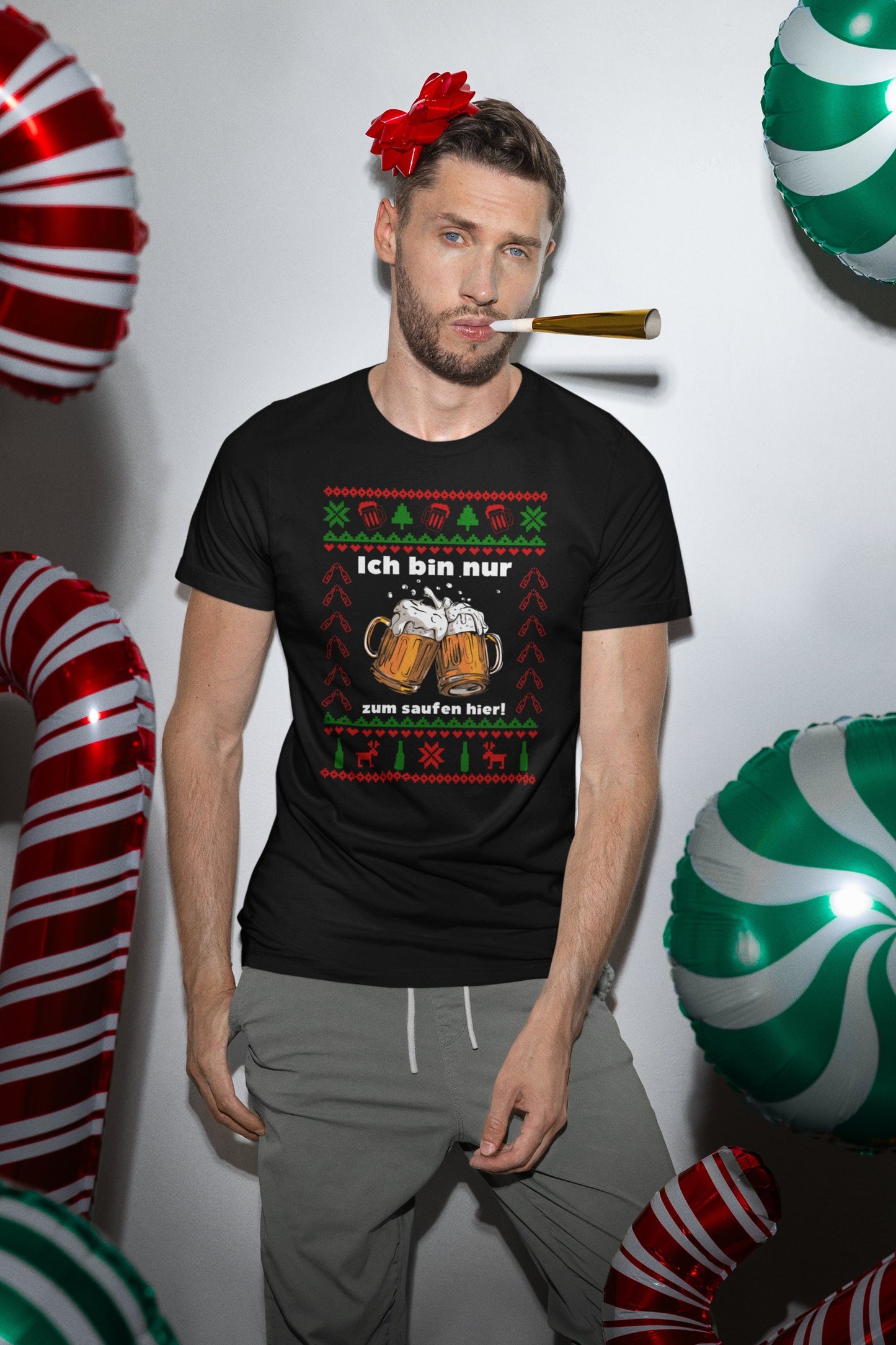 Ugly Christmas Shirt Bier - ich bin nur zum saufen hier T-Shirt