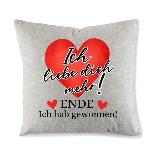 Kissen Valentinstag - Ich liebe dich mehr - Vintage braun - Baumwolle - Geschenk für Paare - Liebe und Beziehung - Lustig - für sie und ihn