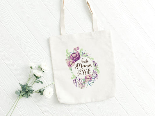 Tasche - Beste Mama der Welt Blumenkranz  - Stoffbeutel Geschenk Baumwolle weiß Muttertagsgeschenk