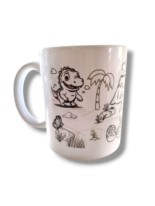 Tasse zum bemalen und ausmalen - Dino Landschaft - Tassenmalerei Kinder Ausmalbild Dinosaurier Tasse Kindergeburtstag Spaß Tassen bemalen