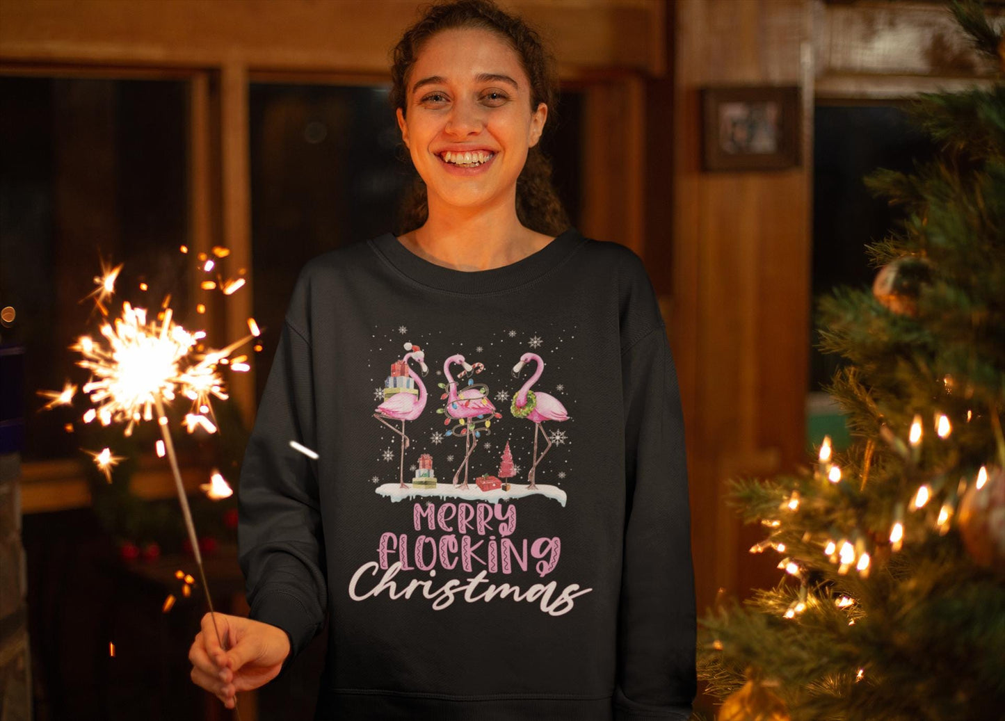 Merry Flocking Christmas Flamingo - Premium Sweatshirt Damen Sterne Merry Christmas Weihnachts Pullover für Frauen Weihnachtspullover